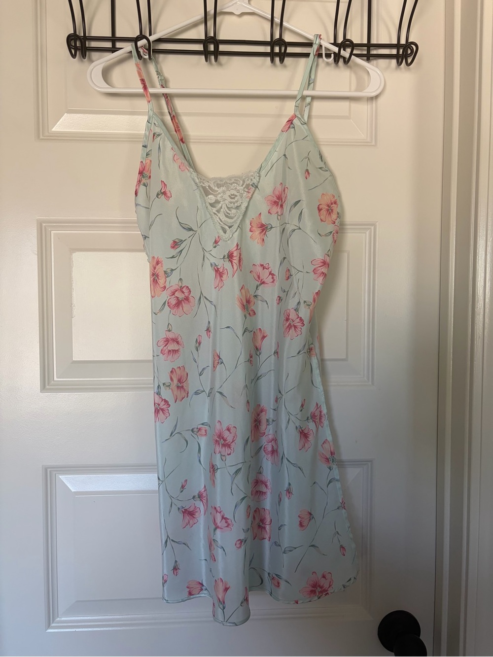 Vintage Floral Lace-Trim Slip Dress – Mint with Pink Blossoms